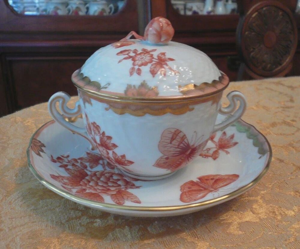 Herend Queen Victoria Fortuna Rust Cream Soup Bowl With Lid Saucer 1718 VBOH